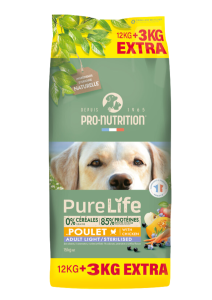 Croquettes Light chien stérilisé - PureLife - Pro Nutrition - Saveur poulet - 12 + 3 kg offert