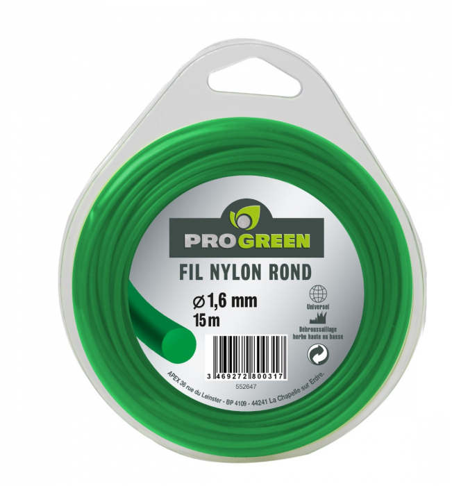 Fil nylon rond - Progreen - vert -Ø 1,6mm x 15m Progreen